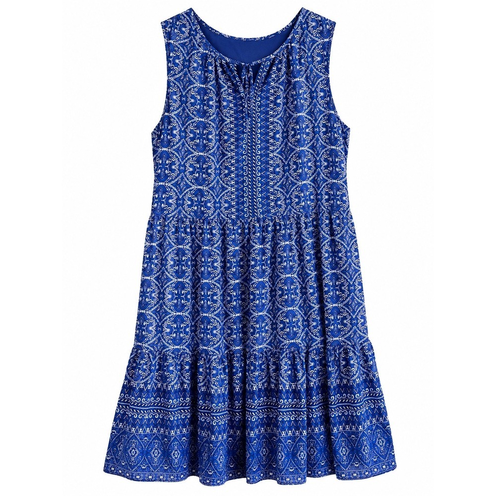 Talbots Voile Swing Dress L Large Blue Medallion Print Cotton Lined Tie Neck